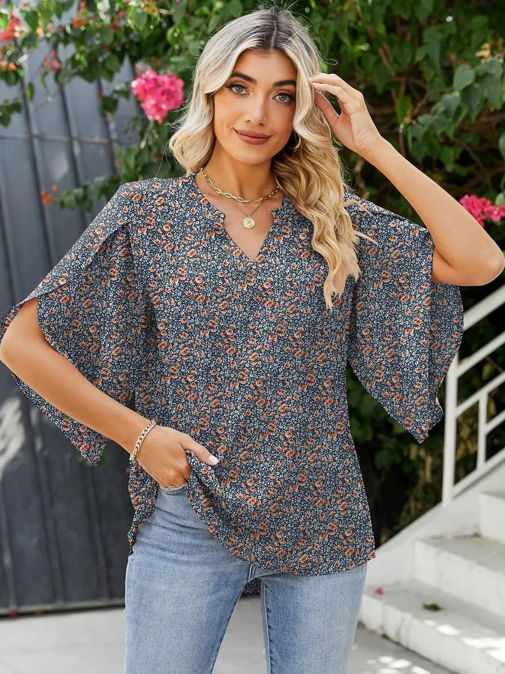 Printed Notched Half Sleeve Blouse, image 9