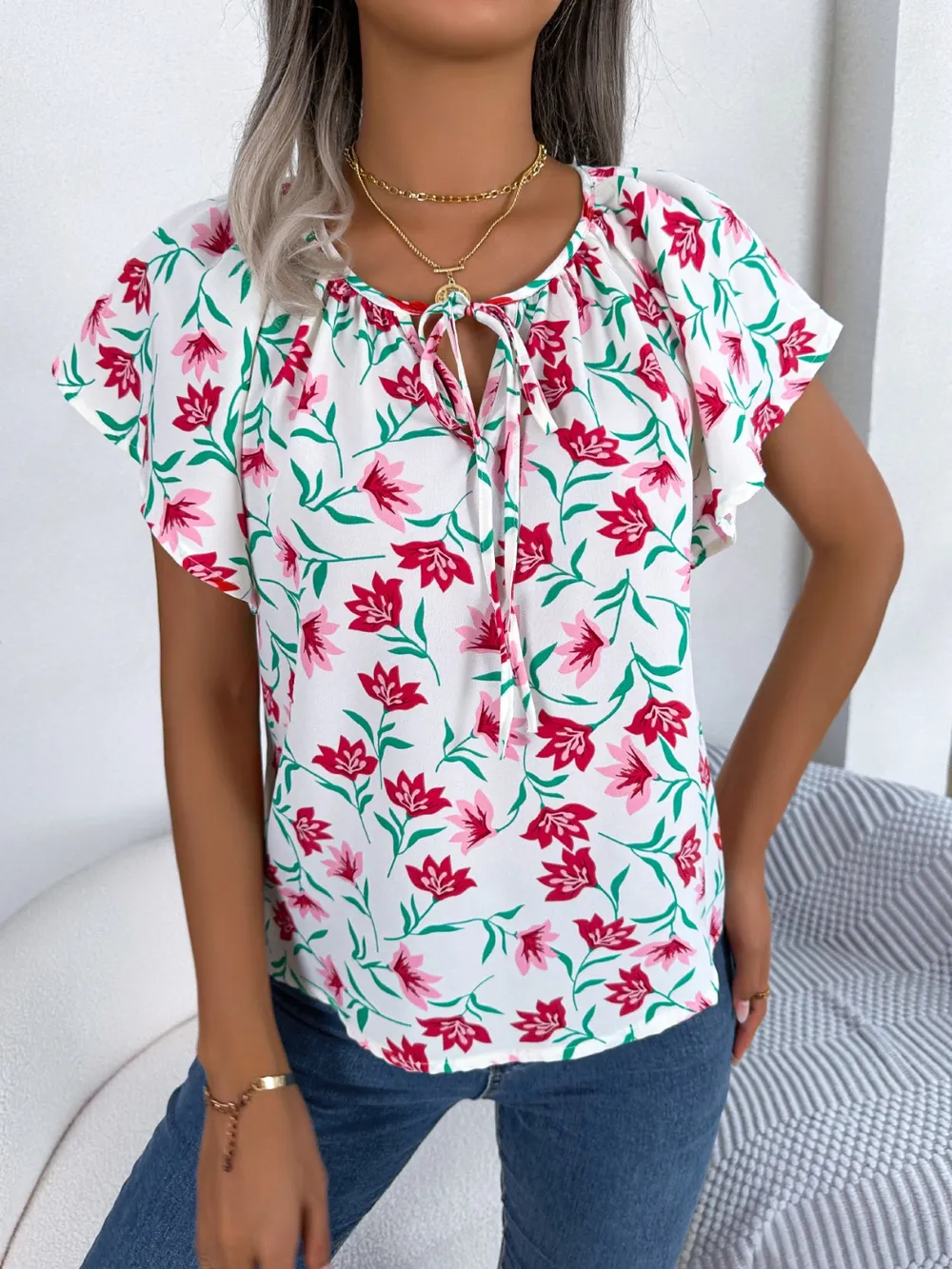 Floral Tie Neck Flutter Sleeve Blouse, image 13