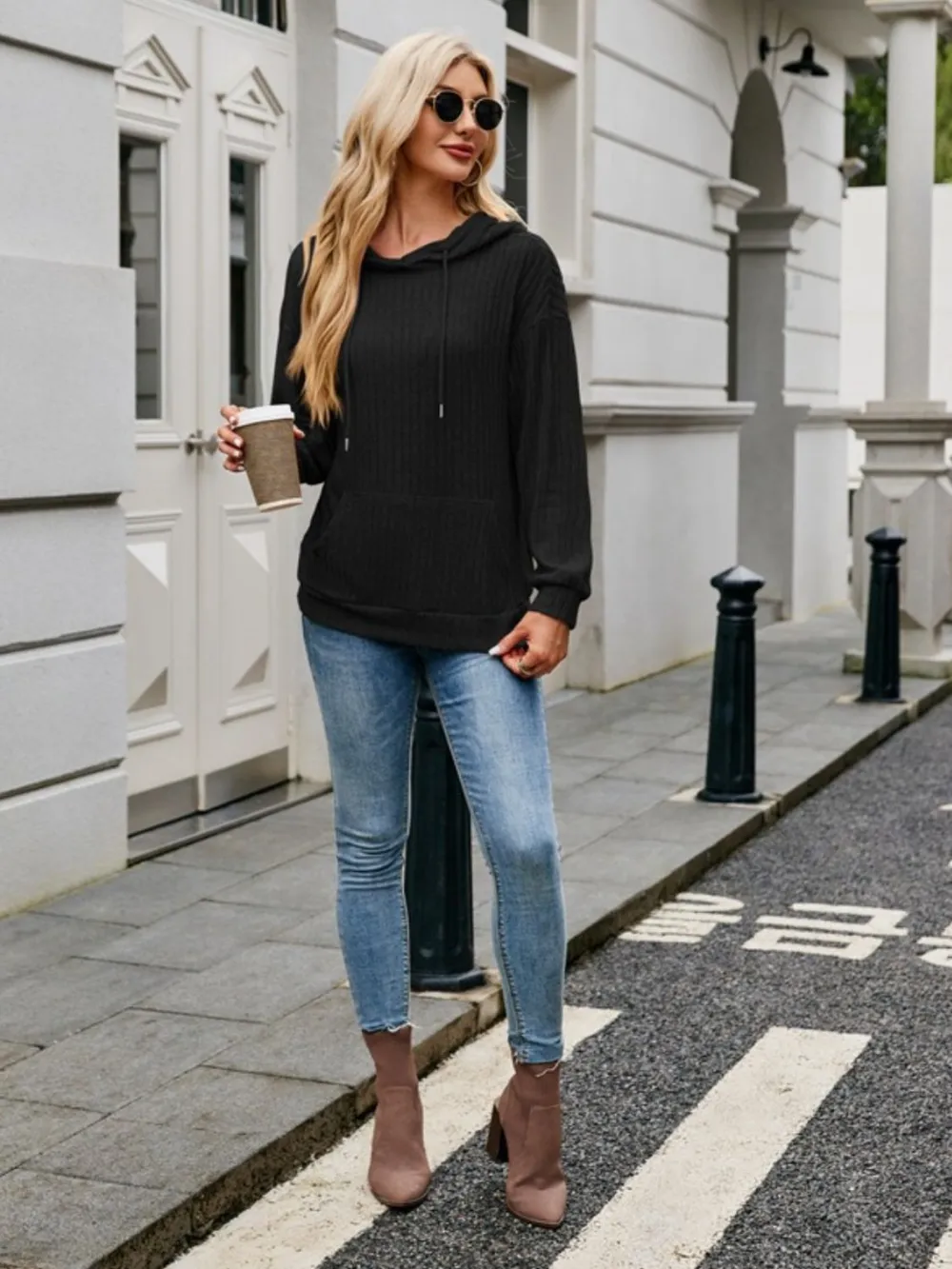 Ribbed Drawstring Long Sleeve Hoodie, image 18