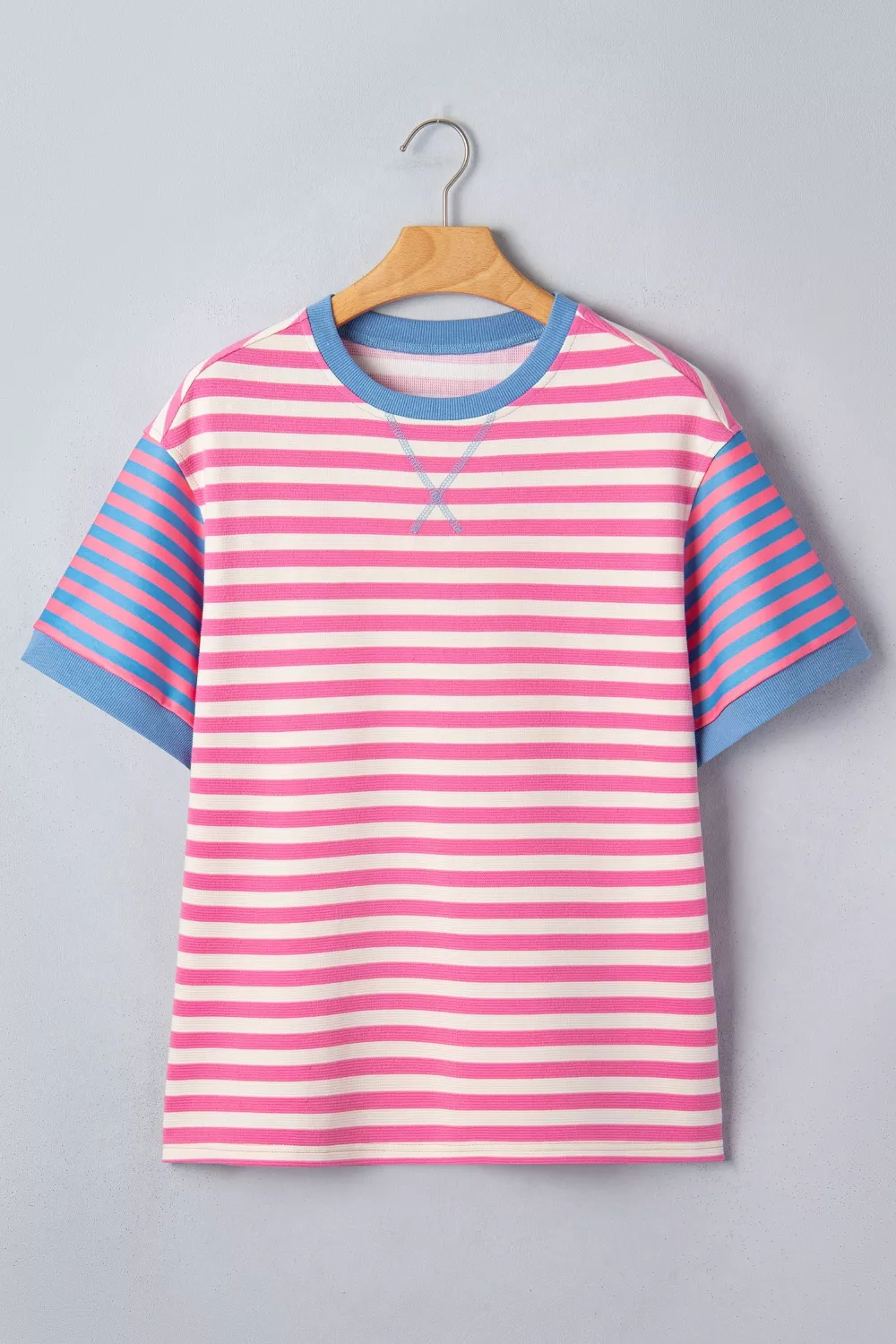 Stripe Contrast Patchwork Short Sleeve Loose Tee, image 4