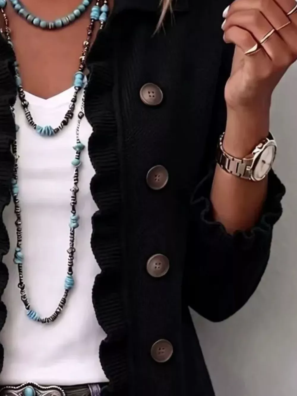 Full Size Ruffled Trim Decorative Button Cardigan Plus Size, image 6