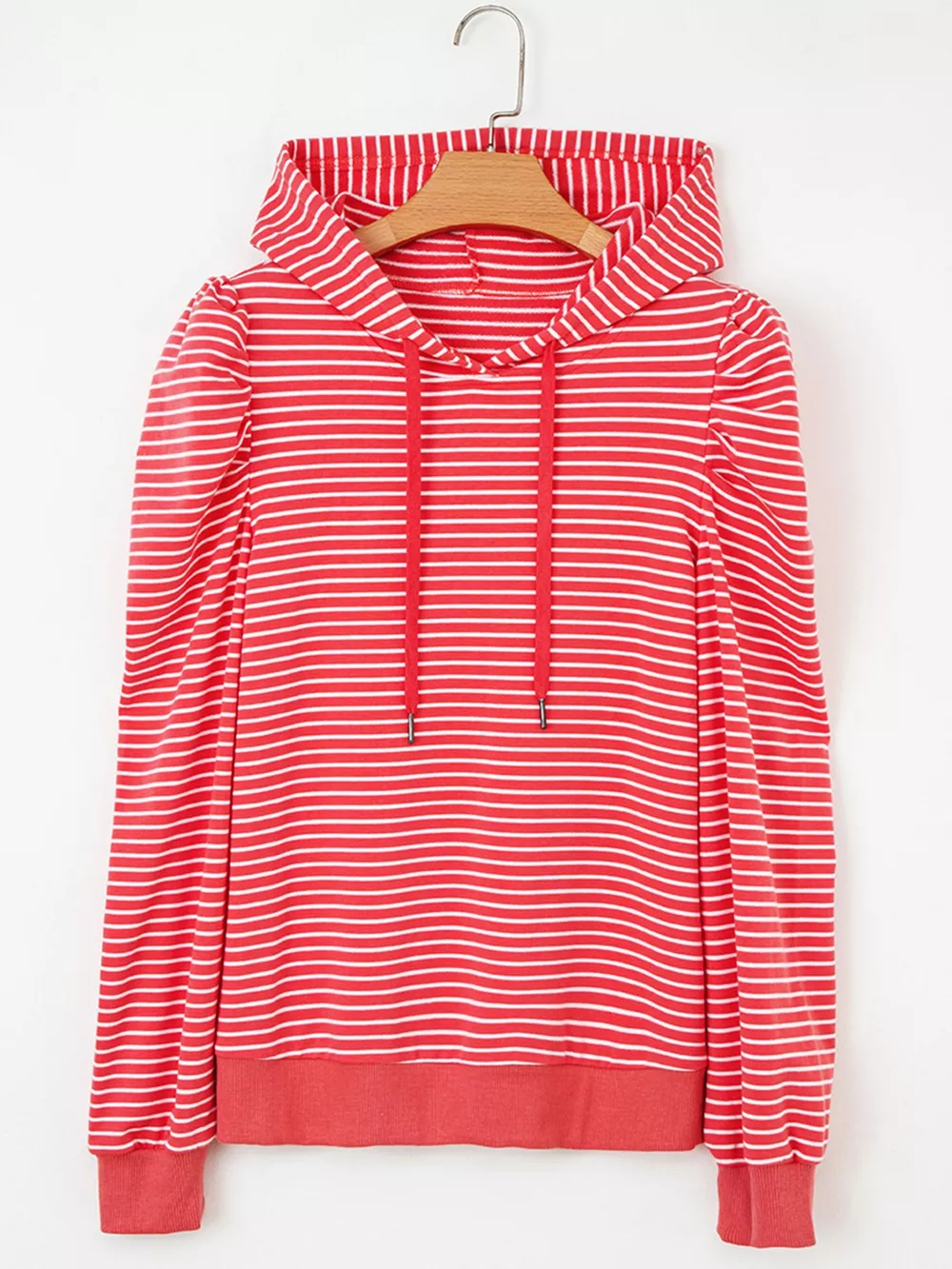 Striped Puff Sleeve Hoodie with Drawstring, image 2