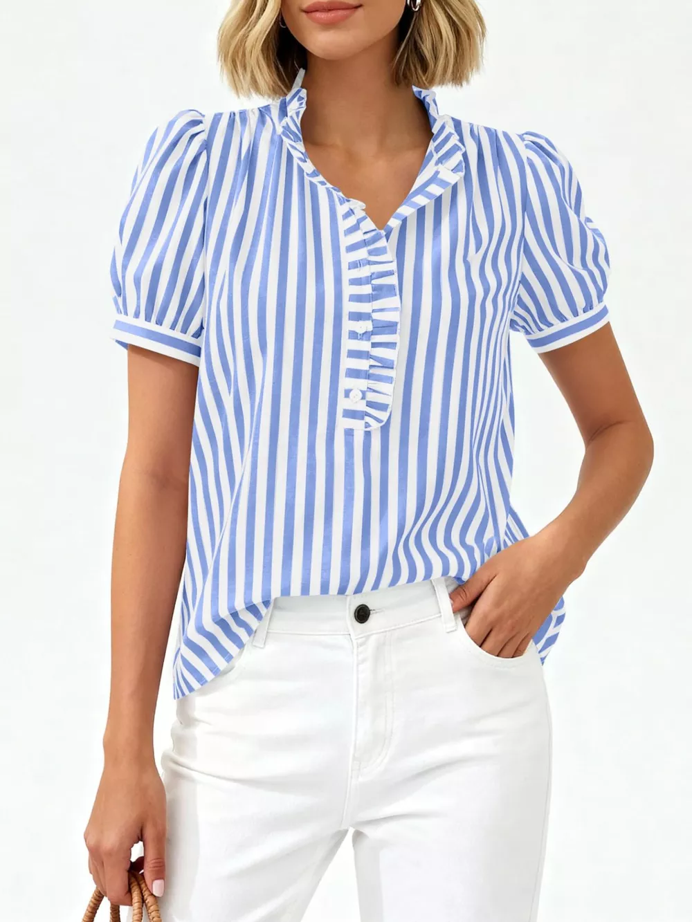 Frill Striped Puff Sleeve Blouse, image 14