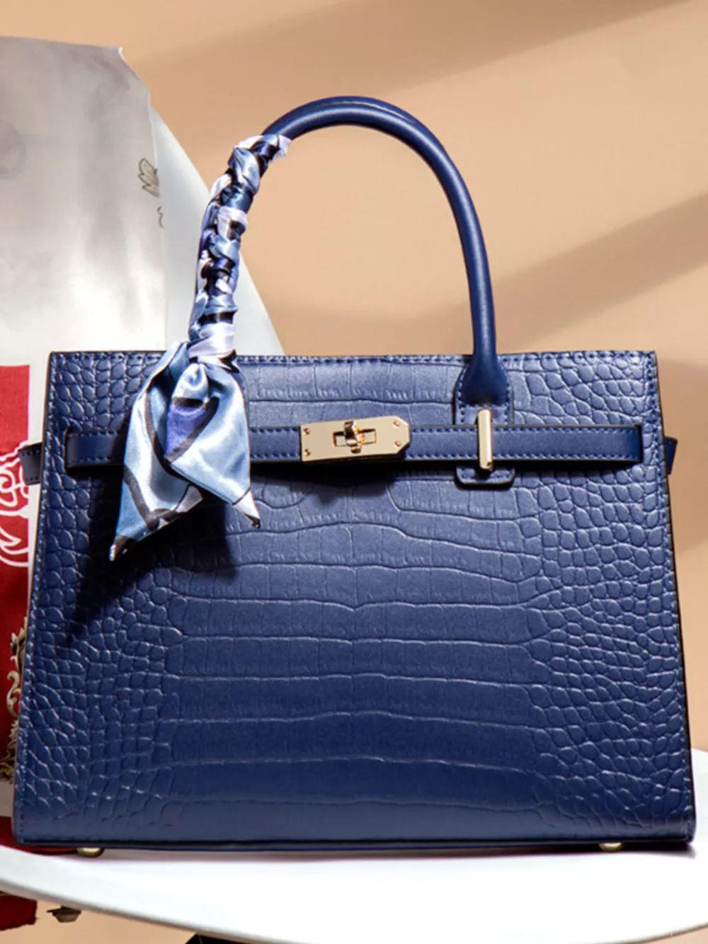 Crocodile Embossed Leather Top Handle Handbag, image 3