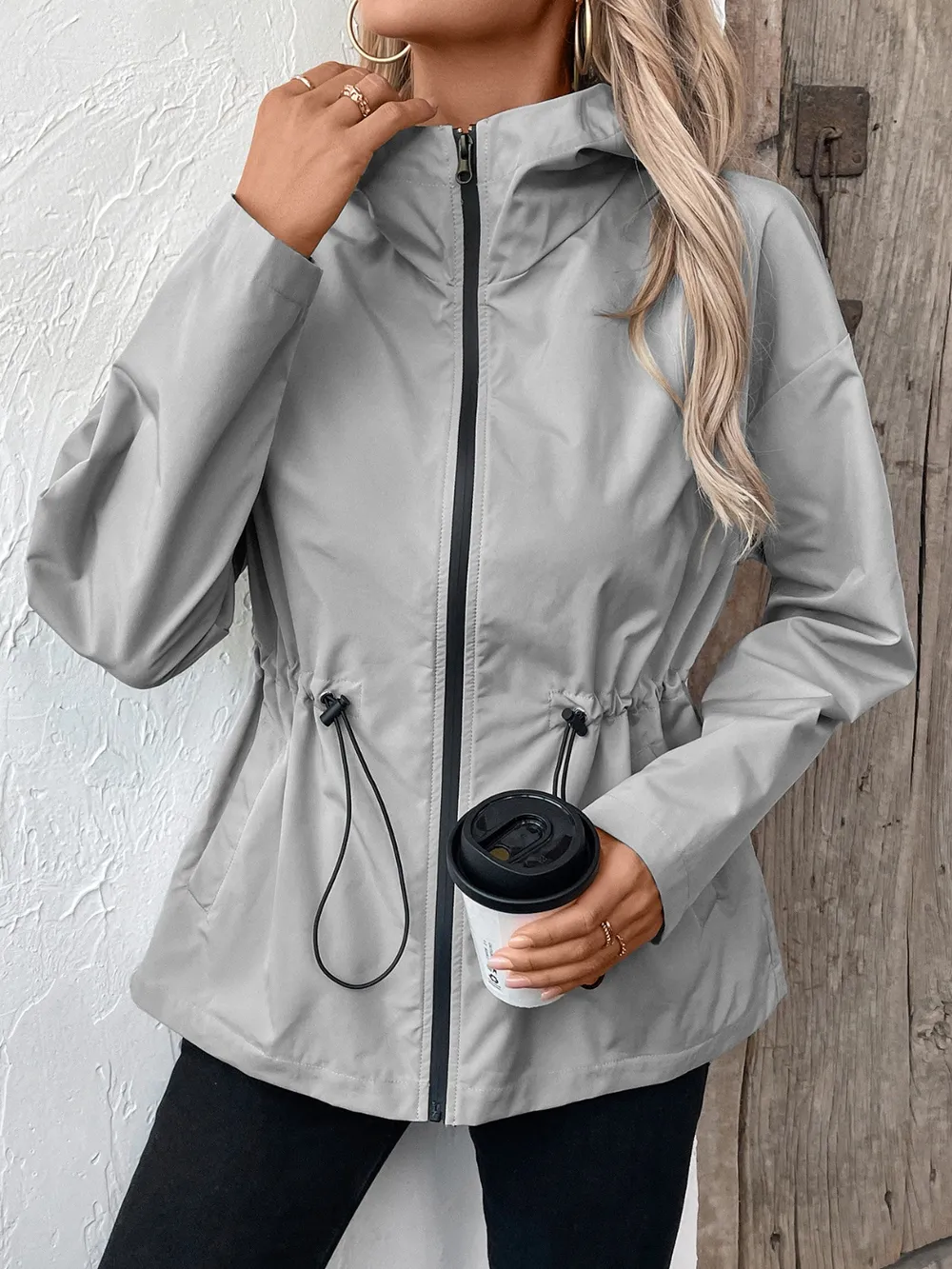 Drawstring Zip Up Hooded Jacket, image 8