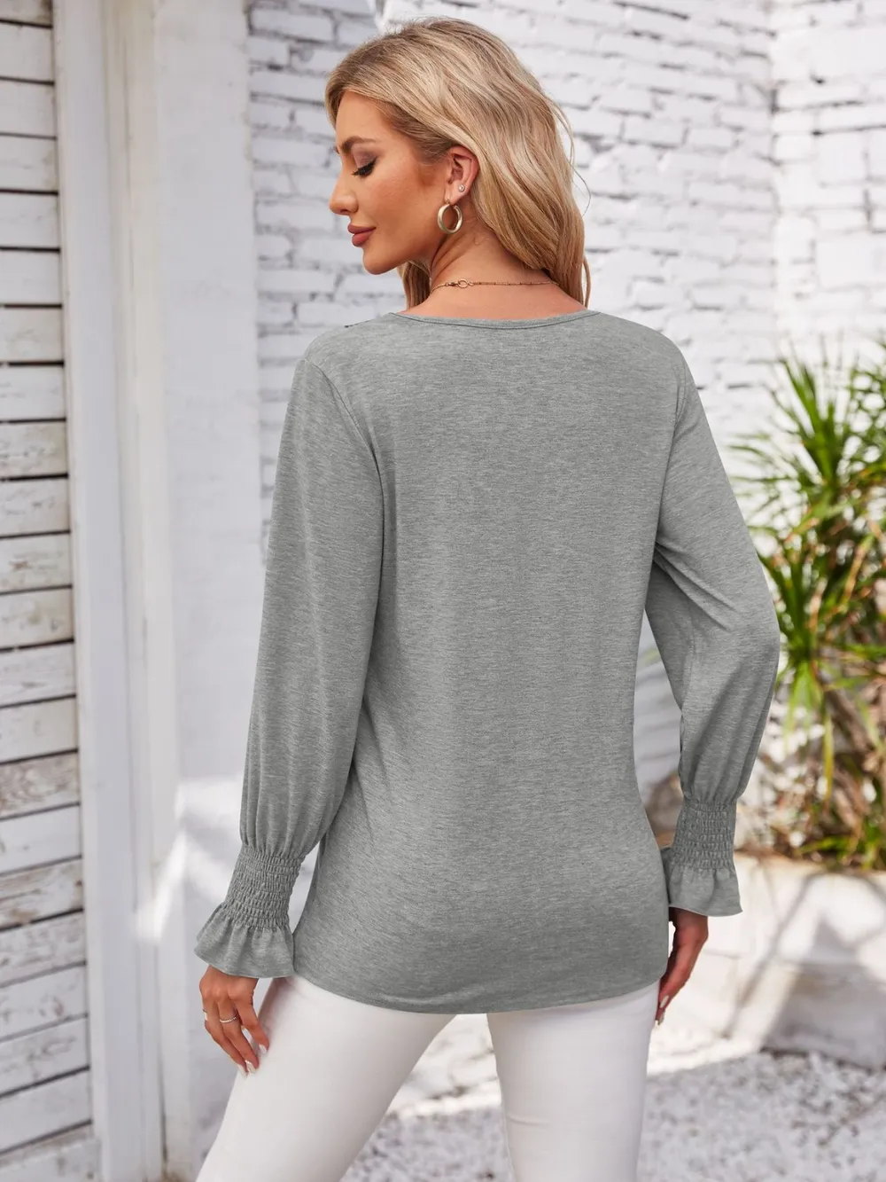 Smocked V-Neck Long Sleeve Blouse, image 15
