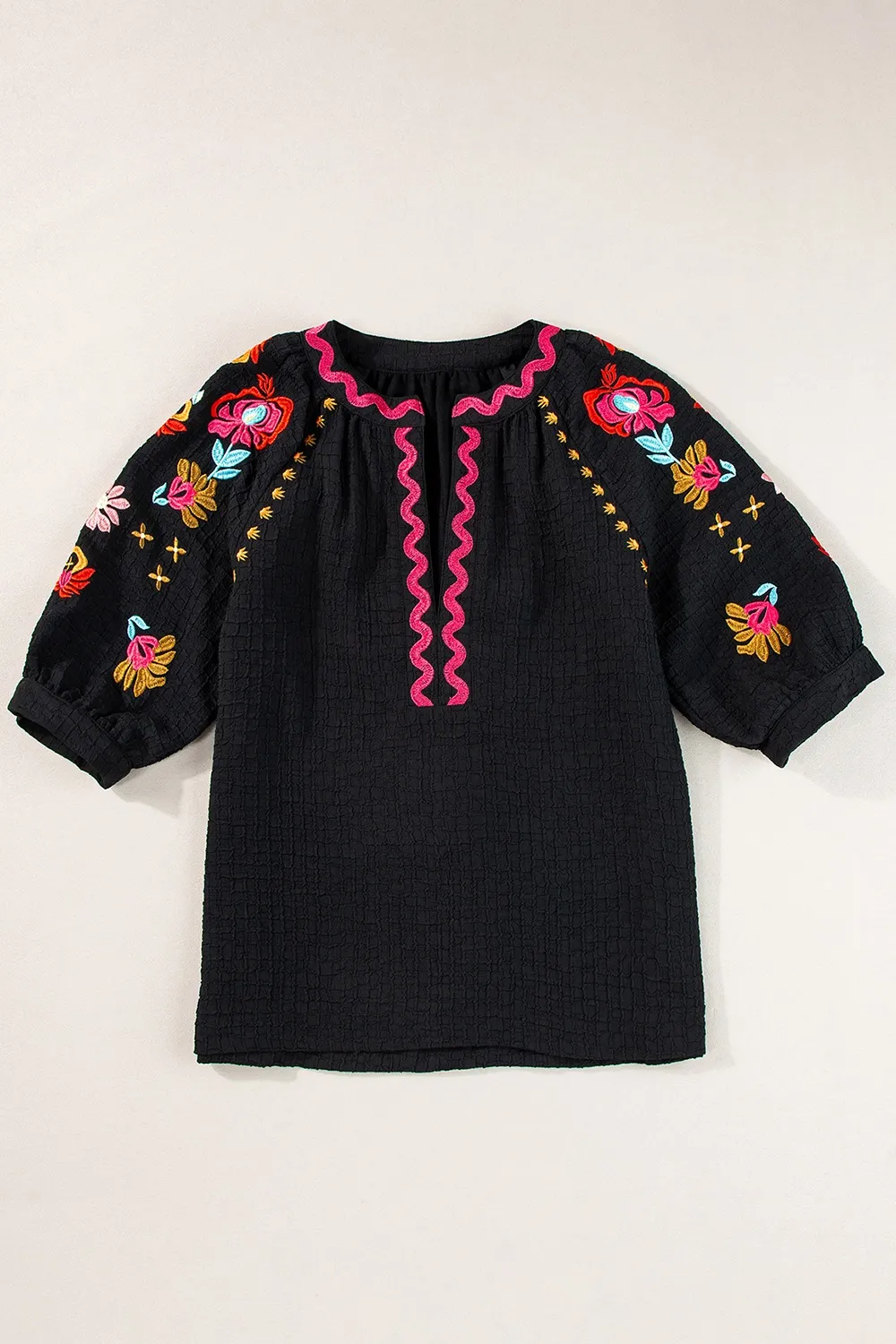Floral Embroidered Notched Puff Sleeve Blouse, image 7