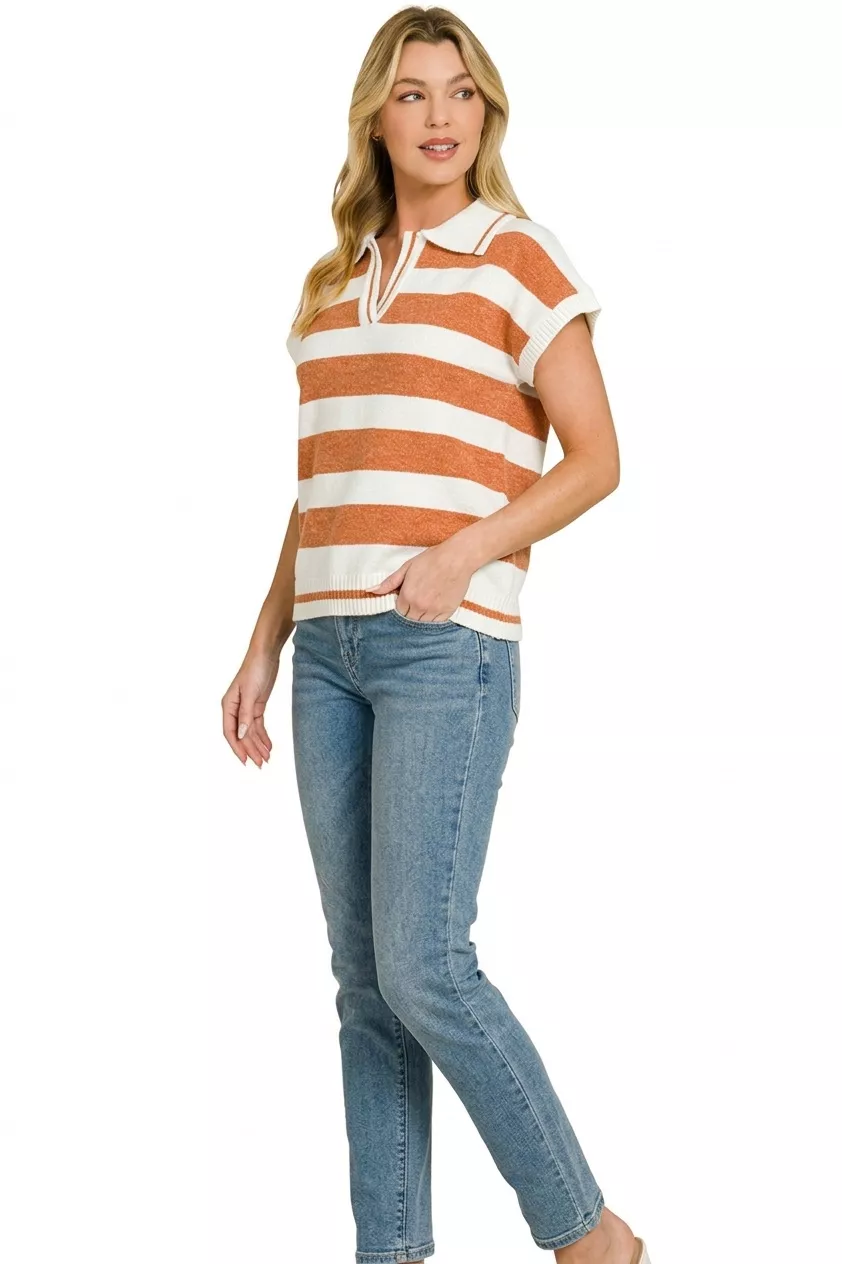 Striped Collared Short Sleeve Sweater, image 3