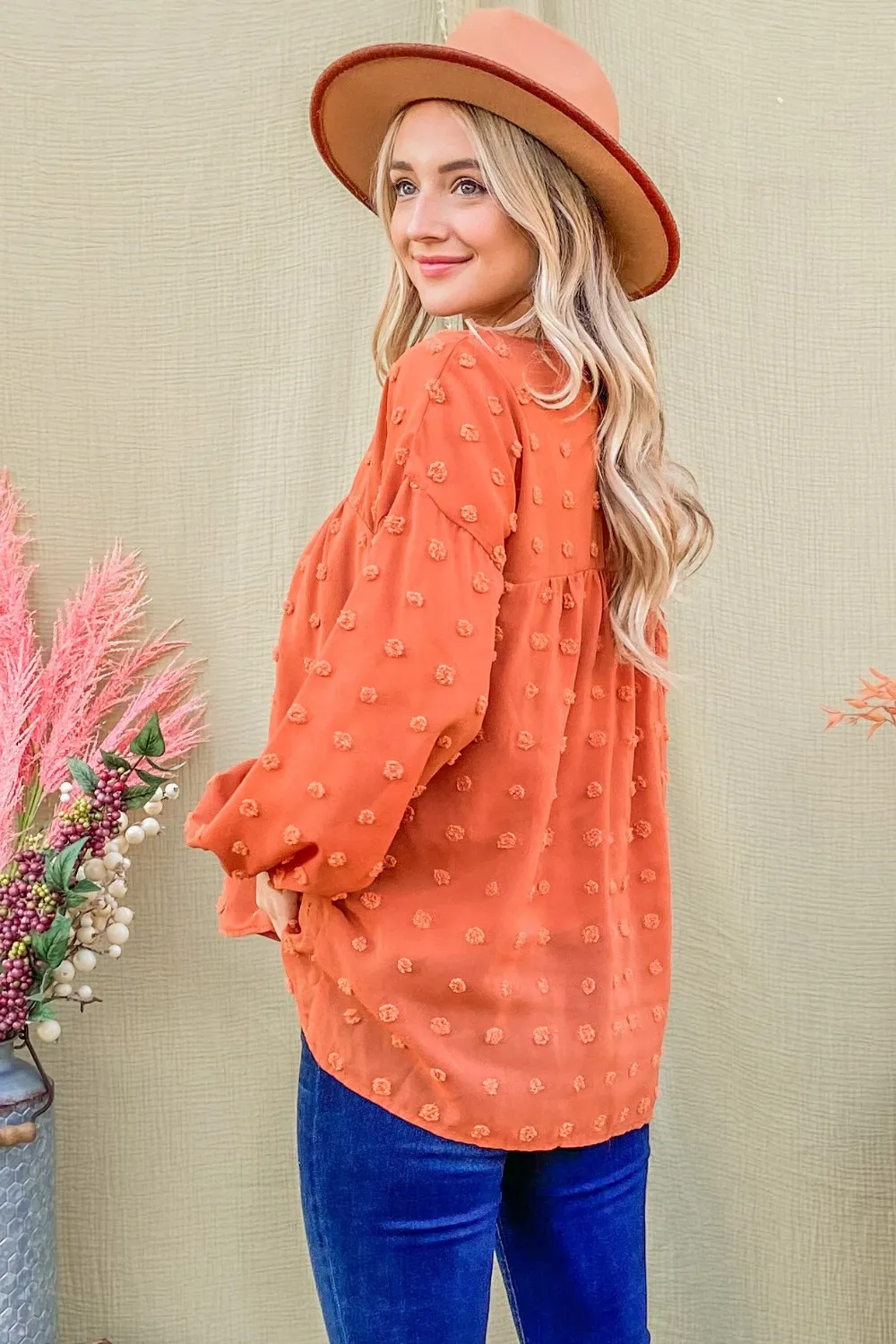 Swiss Dot V Neck Balloon Sleeve Woven Blouse, image 2