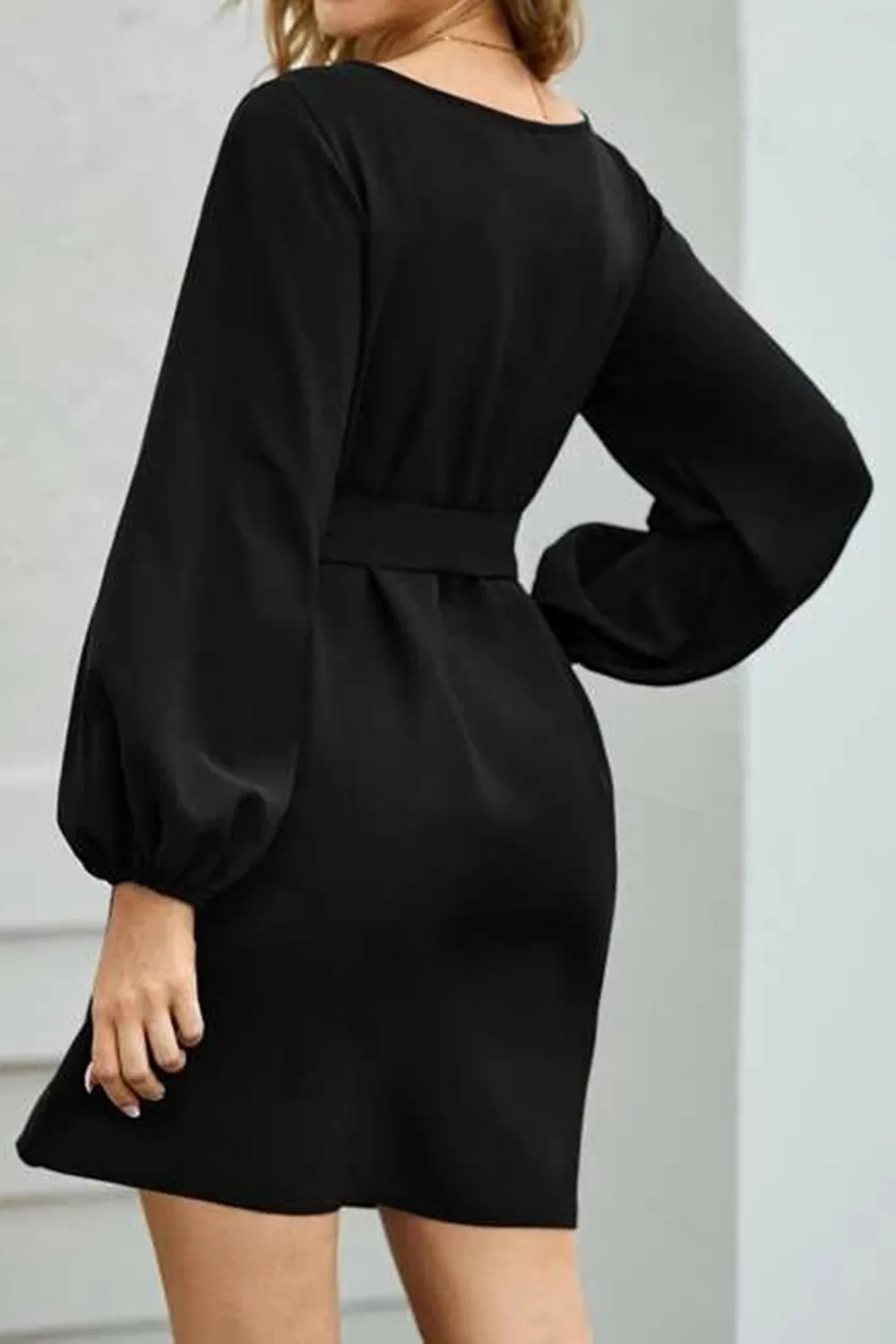 Tied Boat Neck Balloon Sleeve Mini Dress, image 16