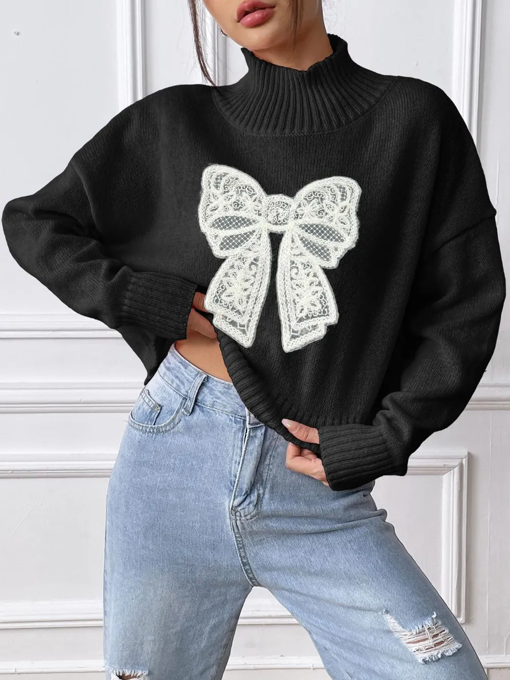 Bow Turtleneck Long Sleeve Sweater, image 2
