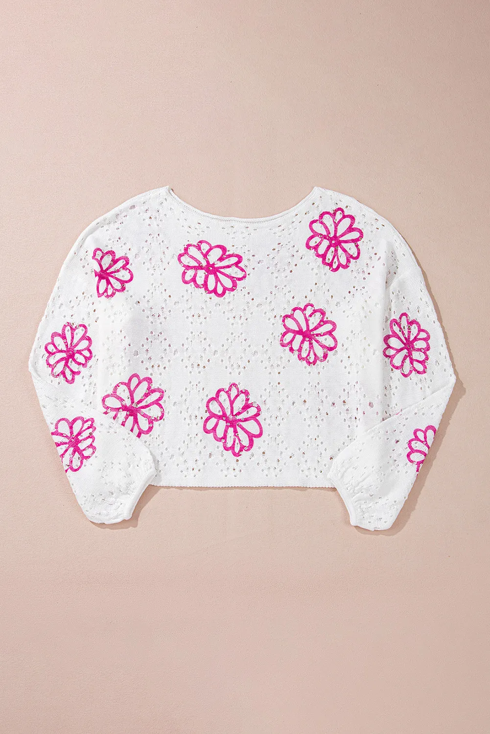 Openwork Round Neck Long Sleeve Knit Top, image 3