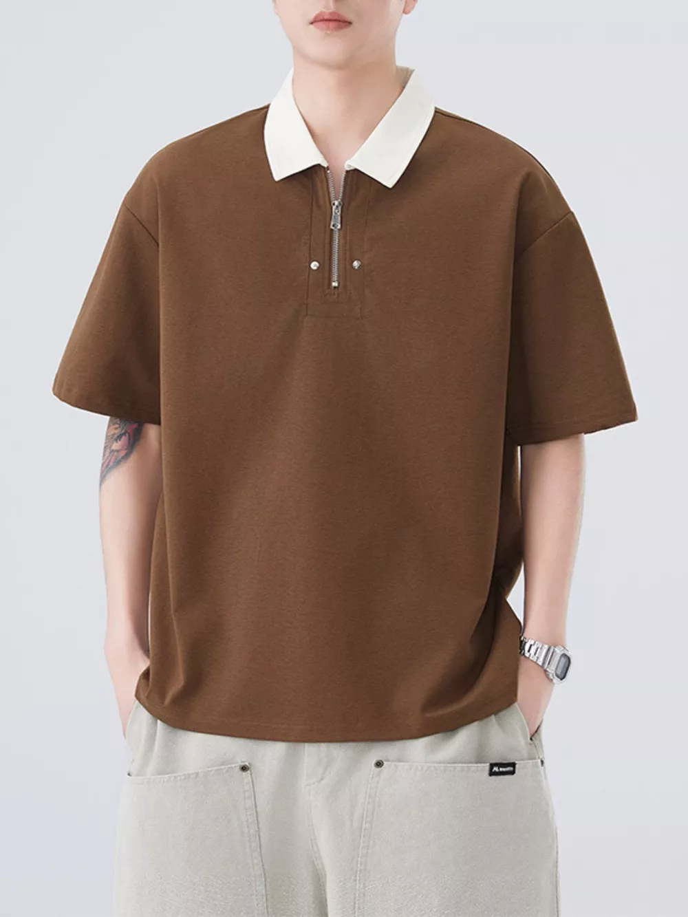 Men's Plus Size Quarter Zip Short Sleeve Polo, image 2