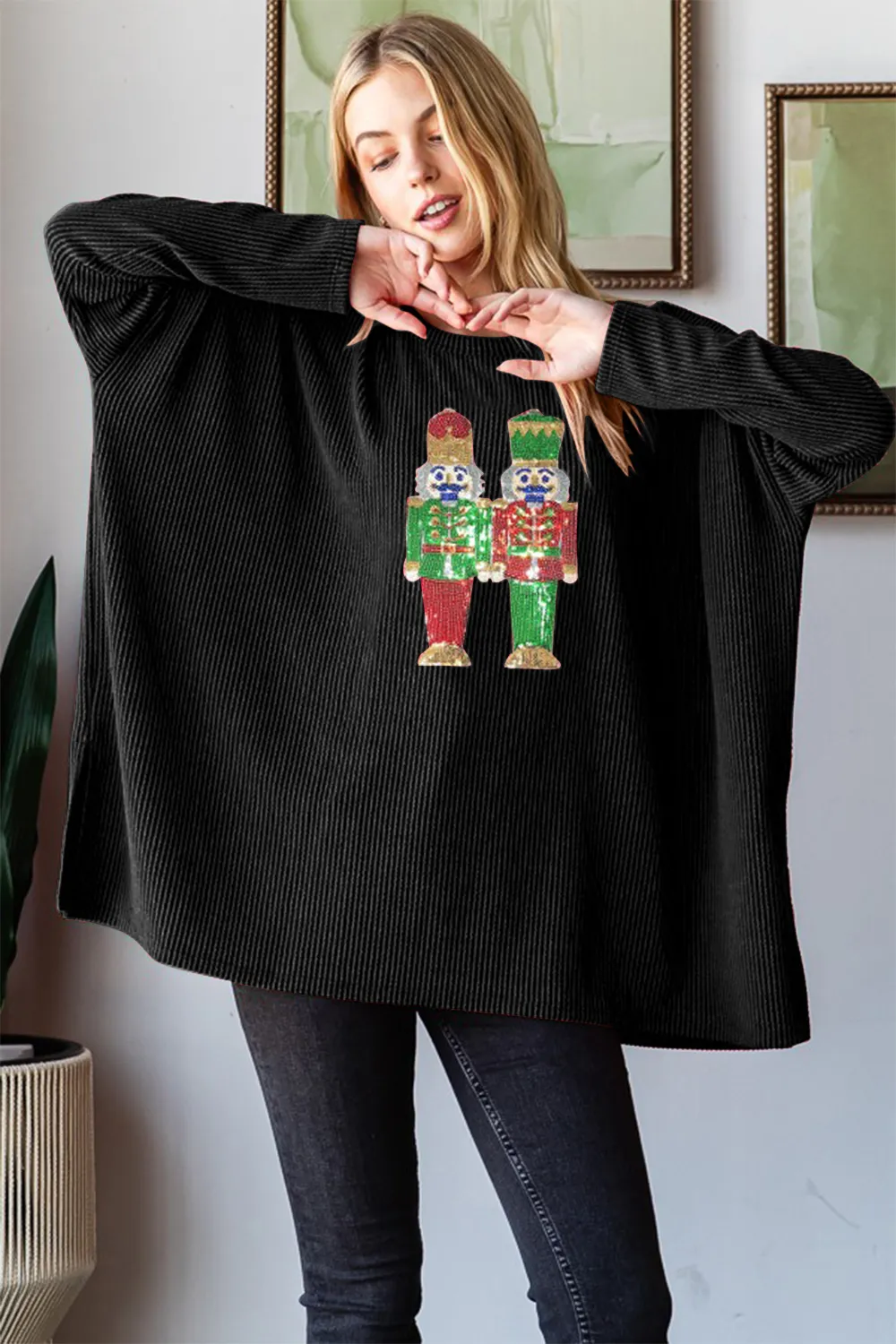 Sequin Nutcracker Long Sleeve Ribbed Top, image 3