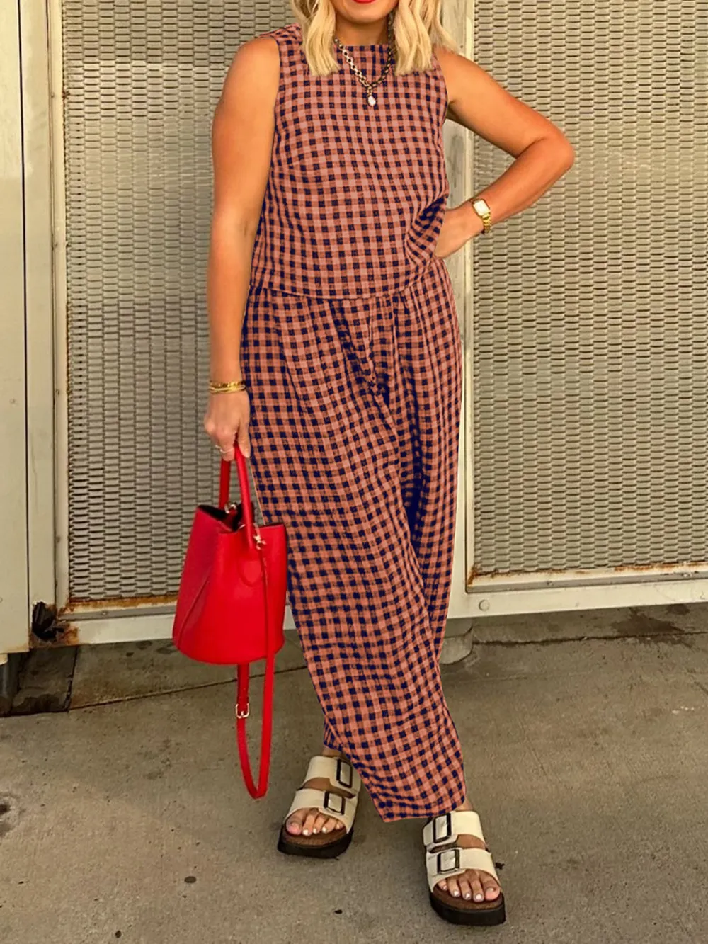 Plaid Round Neck Sleeveless Top and Pants Set, image 6