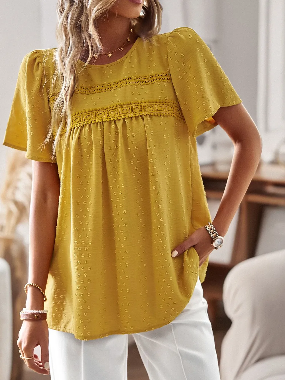 Lace Detail Round Neck Short Sleeve Blouse, image 2