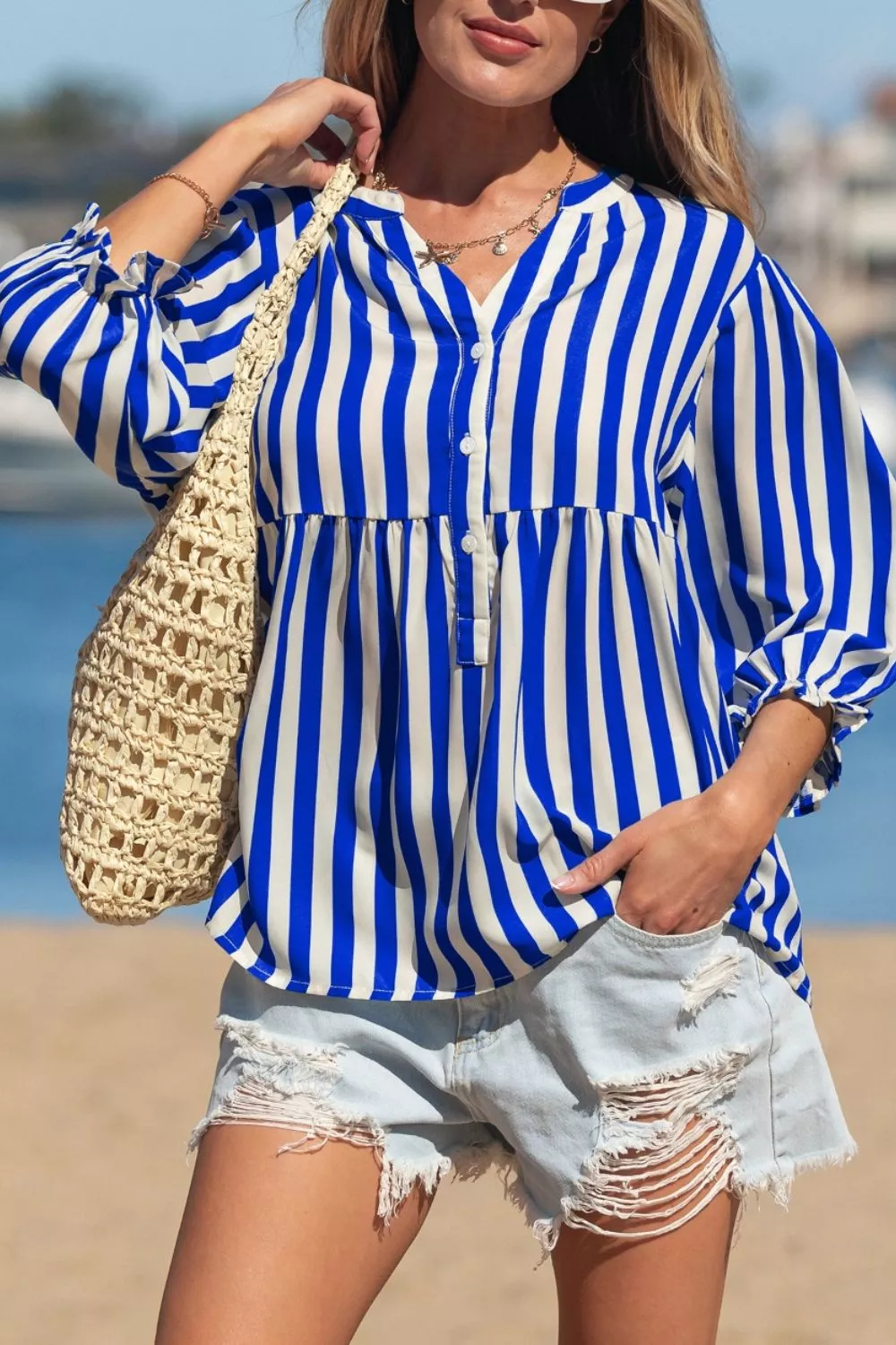 Stripe Balloon Sleeve Loose Button Up Shirt, image 2