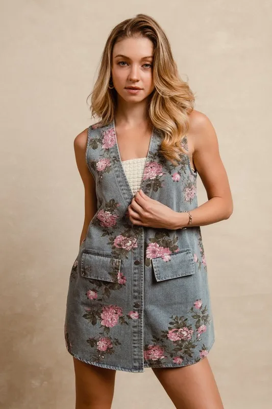 Floral Print Washed Denim Long Rider Vest