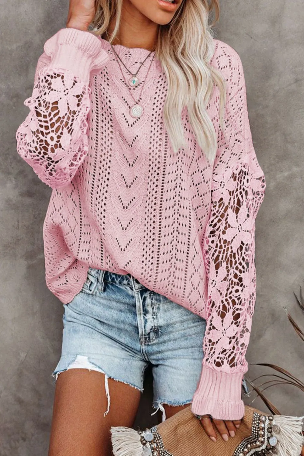 Openwork Round Neck Long Sleeve Sweater, image 9