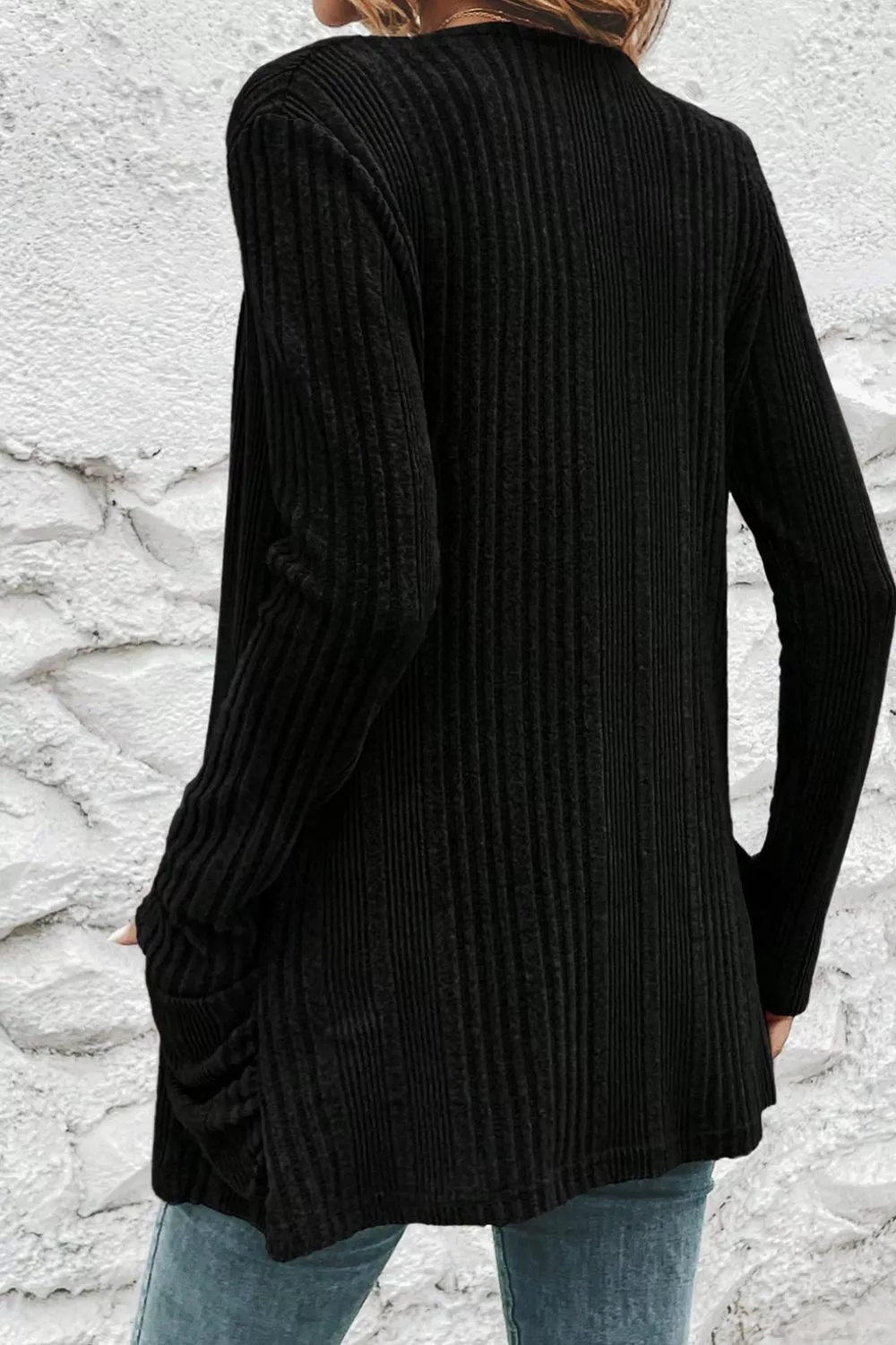 Ribbed Knit Open Front Cardigan with Pockets, image 3