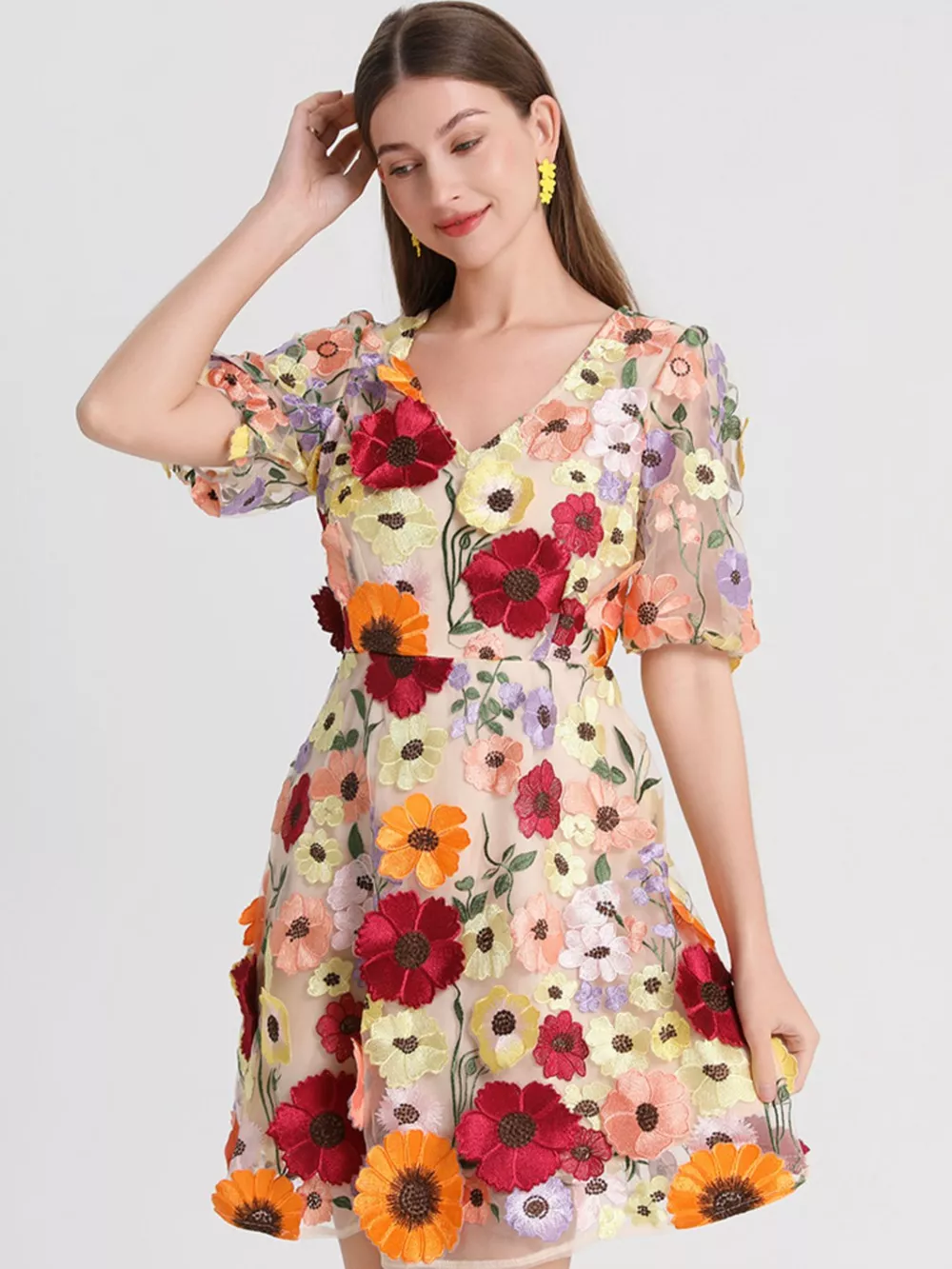 Plus Size Embroidered Floral V-Neck Mini Dress