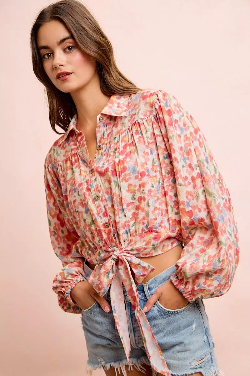 BiBi Floral Print Tie Hem Detail Crop Shirt, image 8