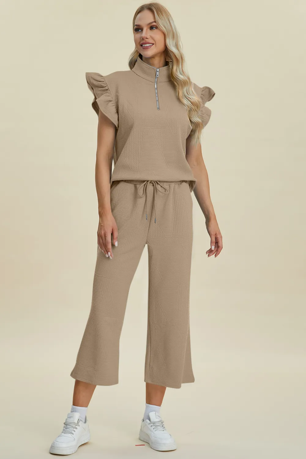 Full Size Texture Ruffle Short Sleeve Top and Wide Leg Pants Set, image 8