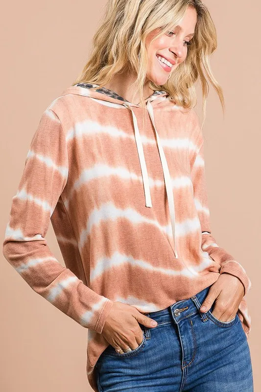Tie Dye Stripe Terry Drawstring Hoodie With Leopard, image 4
