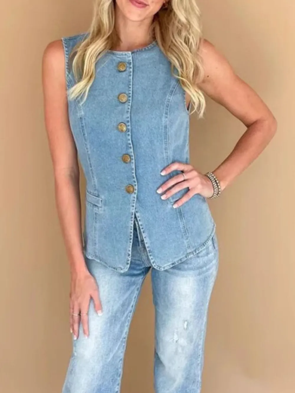 Sleeveless Button-Front Denim Vest, image 6