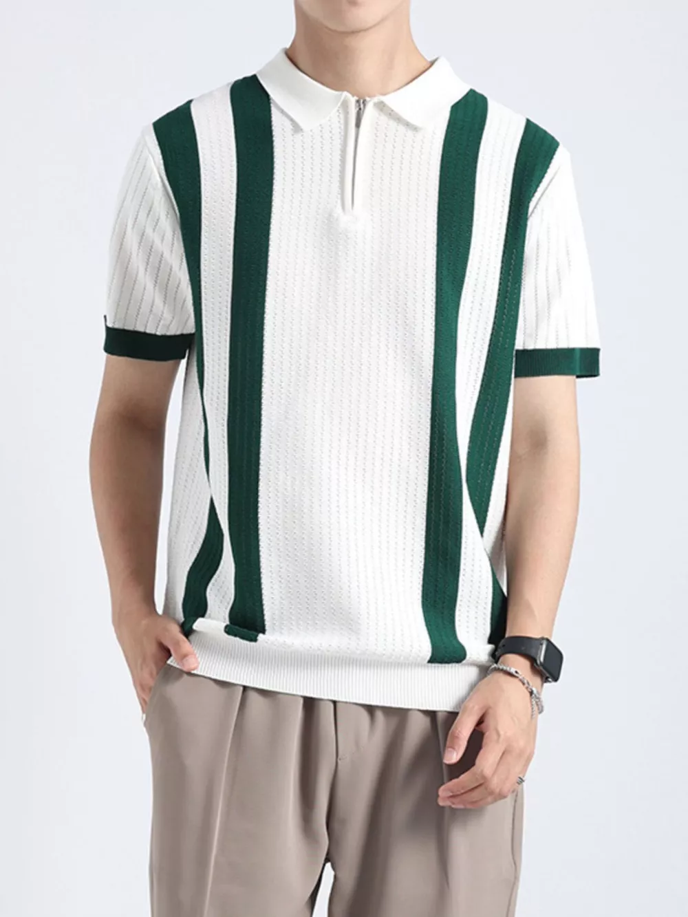 Men's Plus Size Striped Knitted Polo with Zipper, image 2