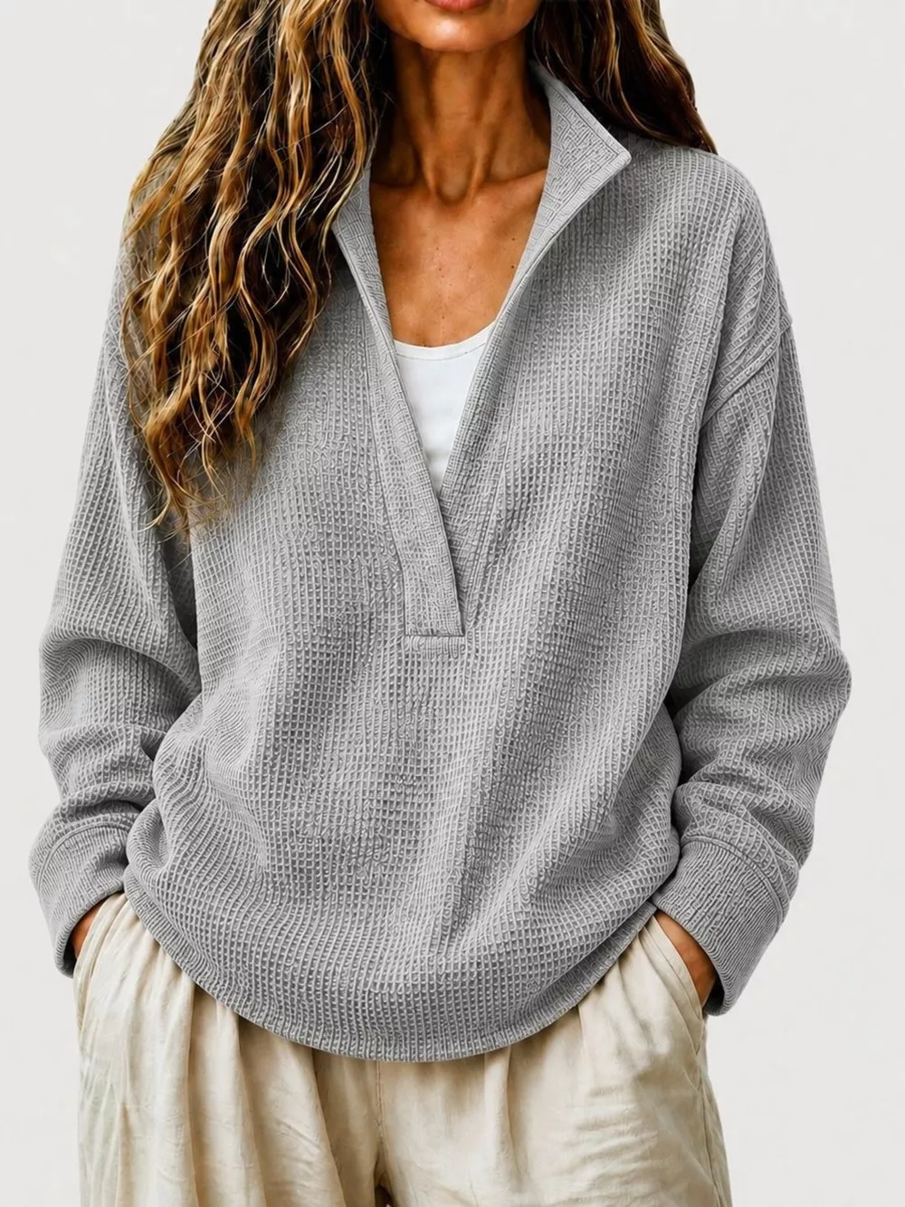 Full Size Waffle Knit Dropped Shoulder Sweatshirt Plus Size, image 8