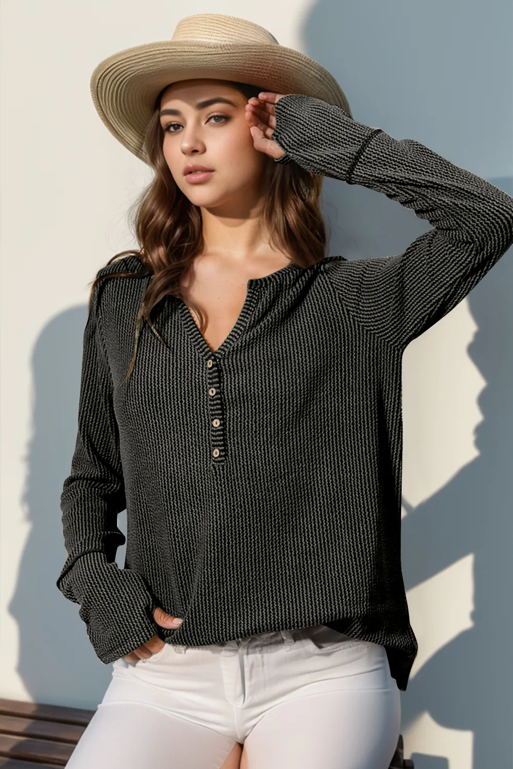 Full Size Notched Thumbhole Long Sleeve T-Shirt, image 8