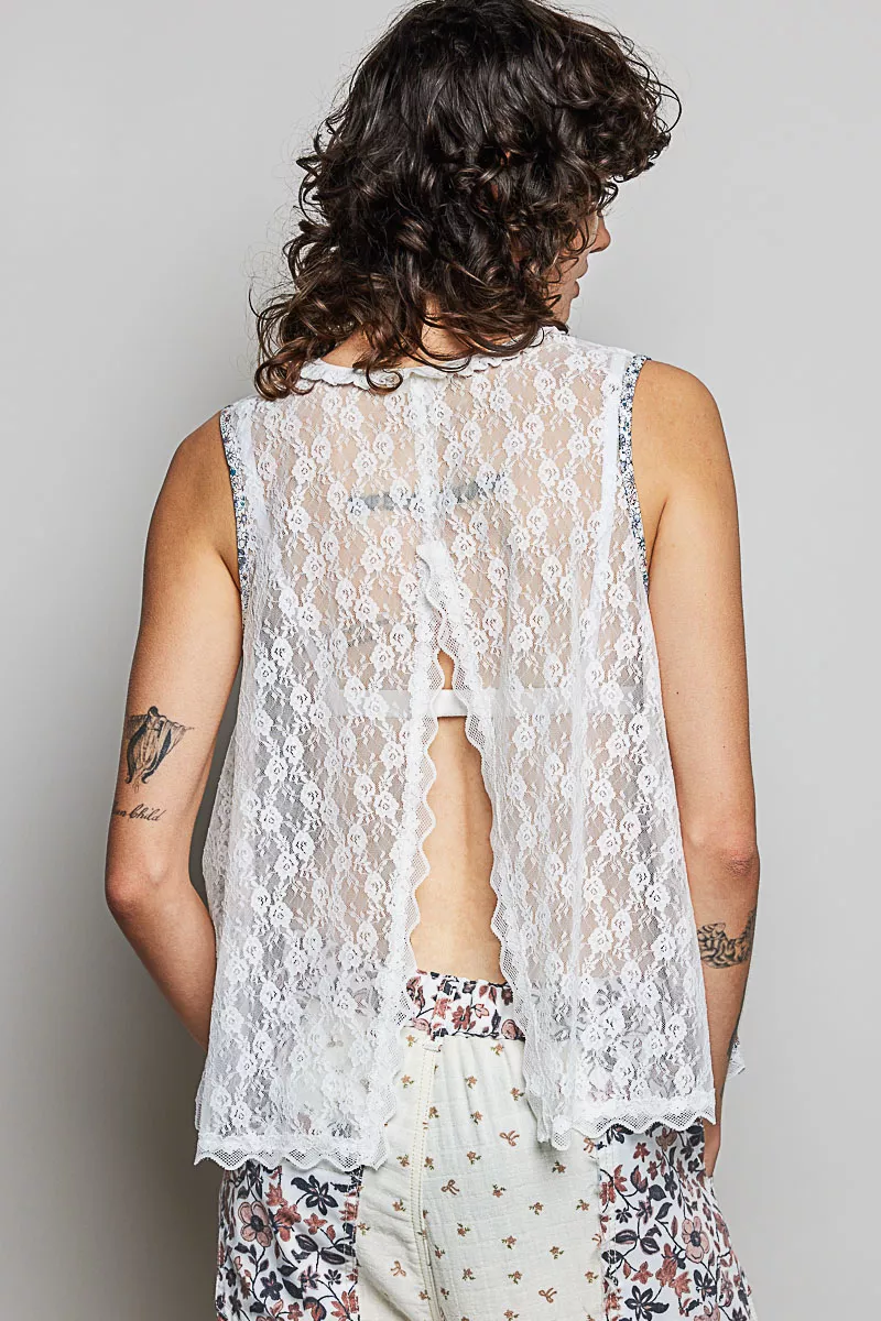 Printed Woven Lace Back Round Neck Sleeveless Top, image 3