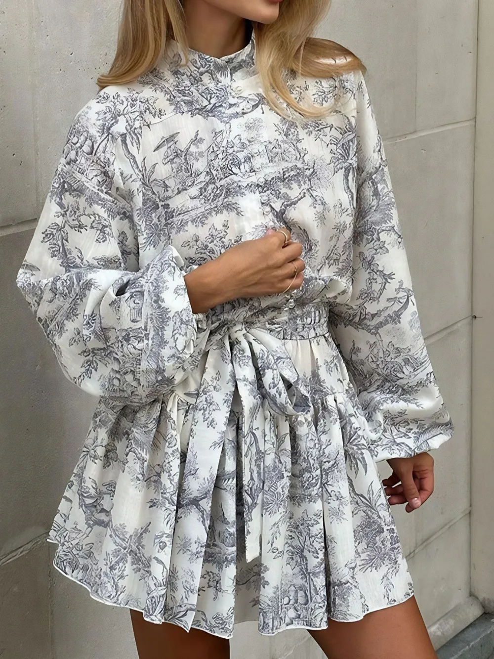 Printed Balloon Sleeve Tie Waist Dress, image 4