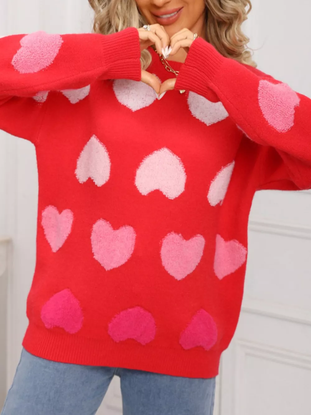 Valentine's Day Heart Pattern Fuzzy Knit Sweater, image 13