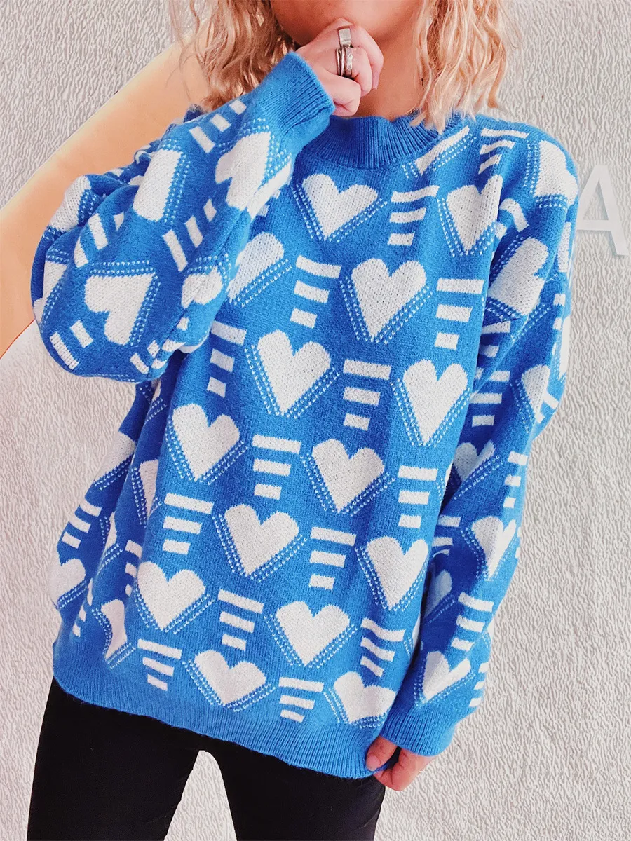 Heart Contrast Long Sleeve Dropped Shoulder Sweater, image 20