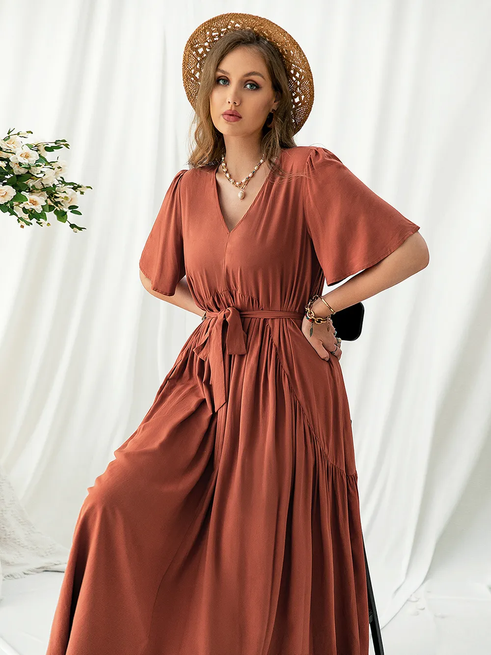 Plus Size V-Neck Flutter Sleeve Midi Dress, image 2