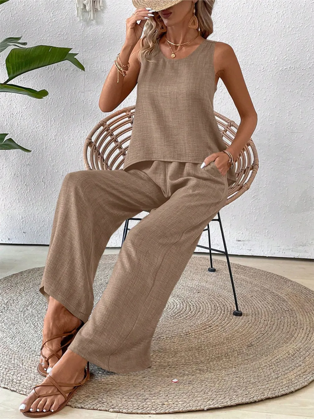 Round Neck Tank and Wide Leg Pants Set, image 7