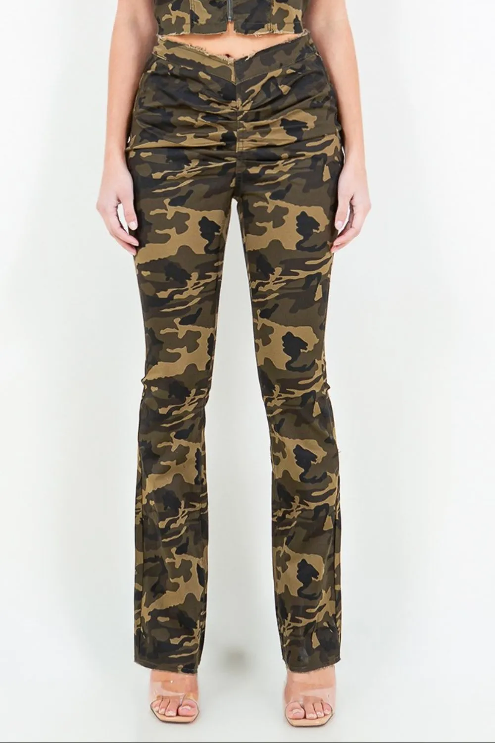 V-Cut Ruched Camo Flare Pants, image 4
