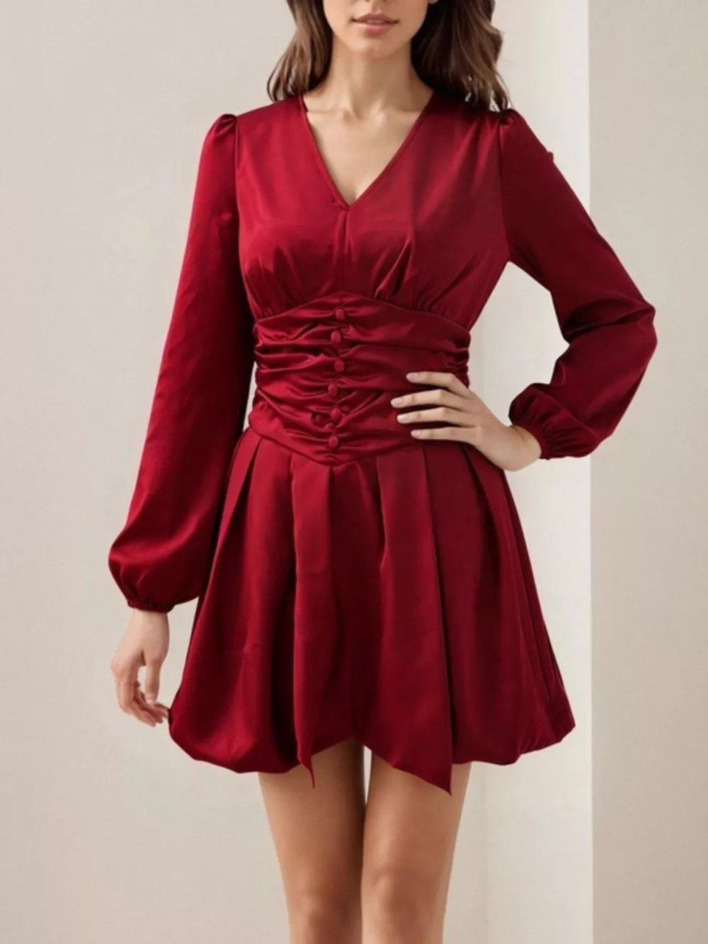 Ruched V-Neck Balloon Sleeve Dress