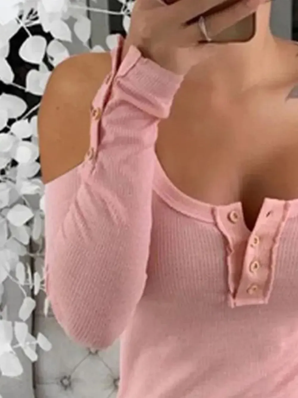 Cold Shoulder Ribbed Henley T-Shirt with Button Detail, image 4