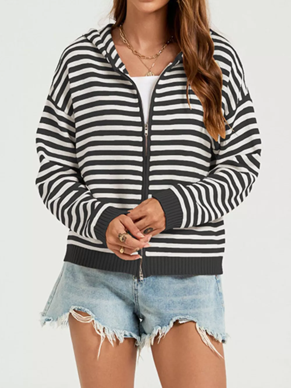 Striped Hooded Zip-Up Knit Cardigan, image 7