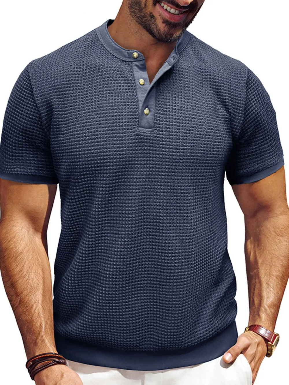 Men's Textured Henley Short Sleeve T-Shirt, image 5