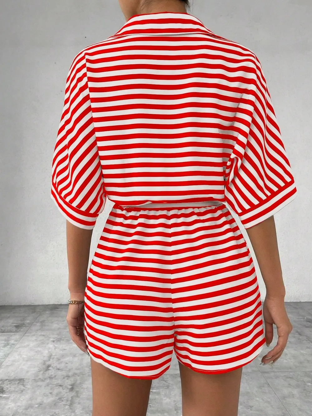Tie Waist Half Button Striped Romper, image 9