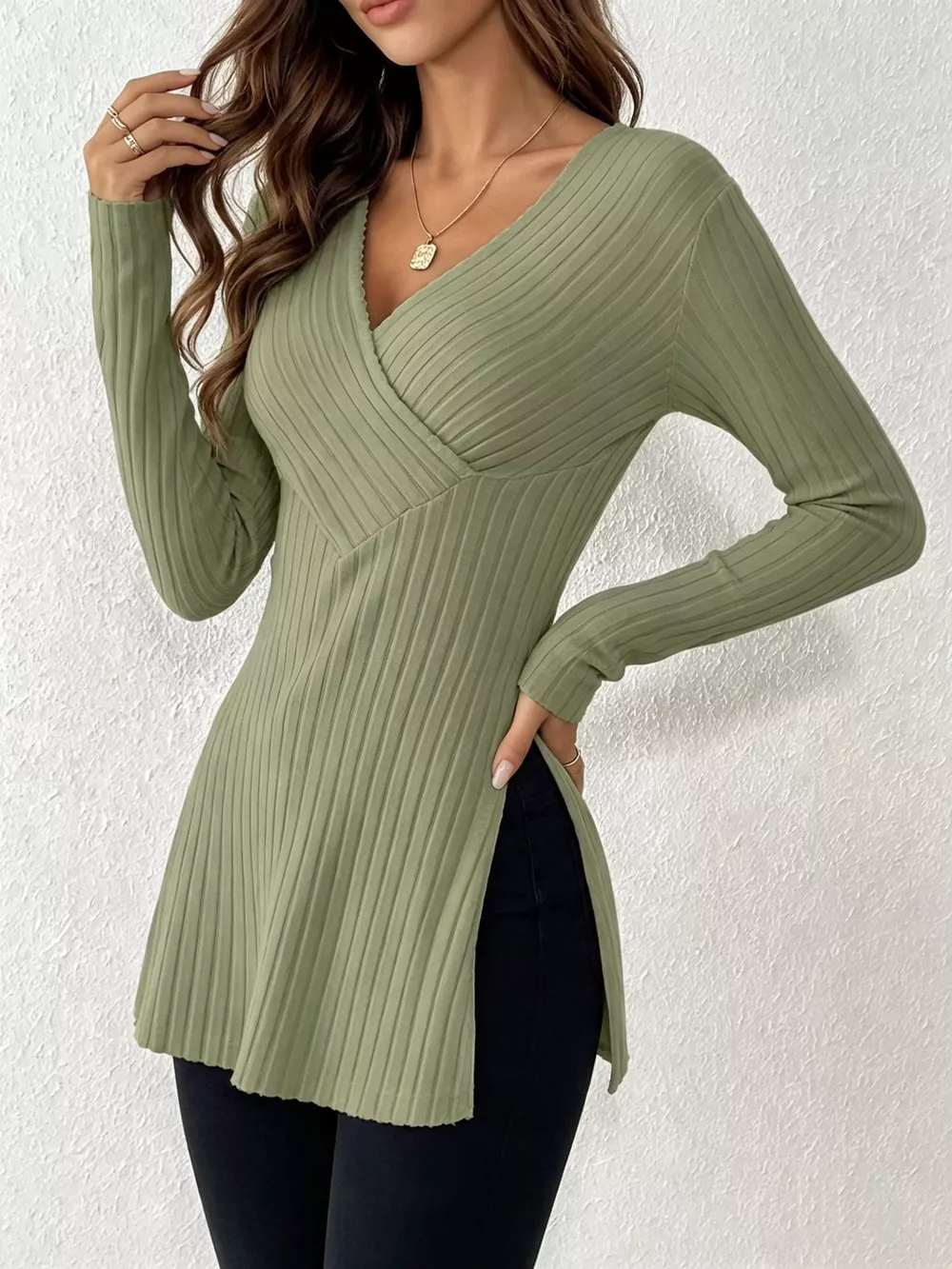 Ribbed Knit Long Sleeve Wrap T-Shirt, image 2