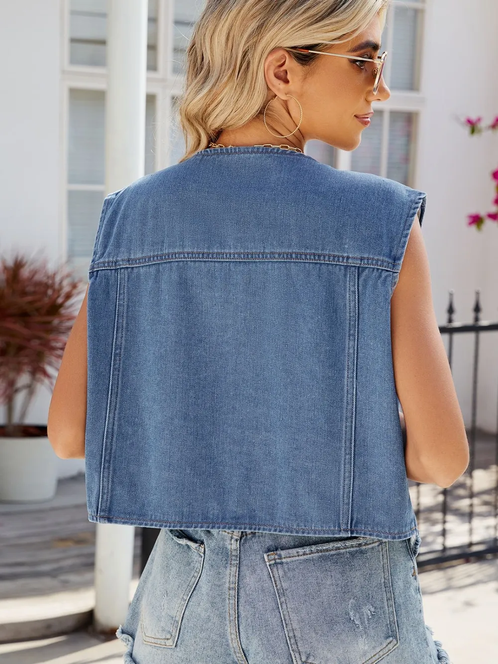 Pocketed Button Up Sleeveless Denim Jacket, image 3