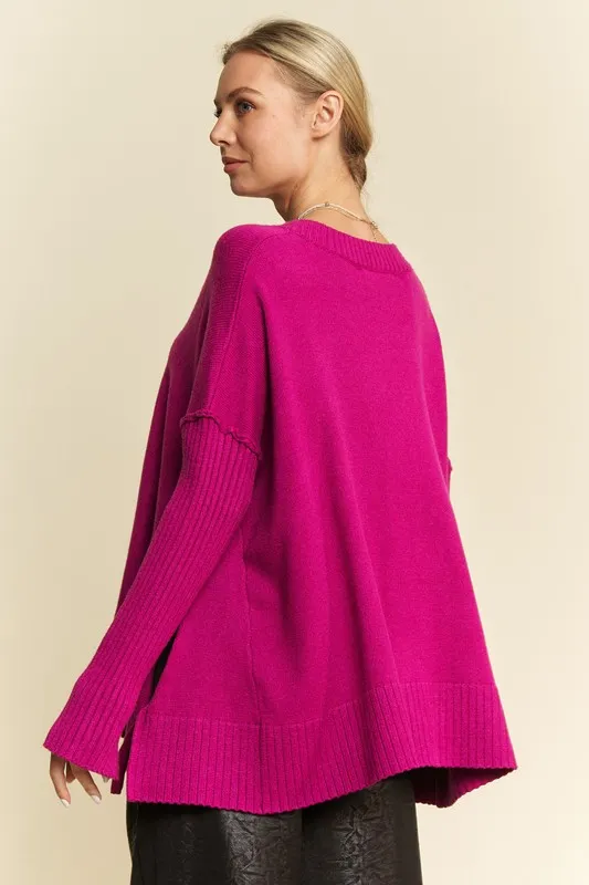 Ribbed Side Slit V-Neck Sweater, image 2