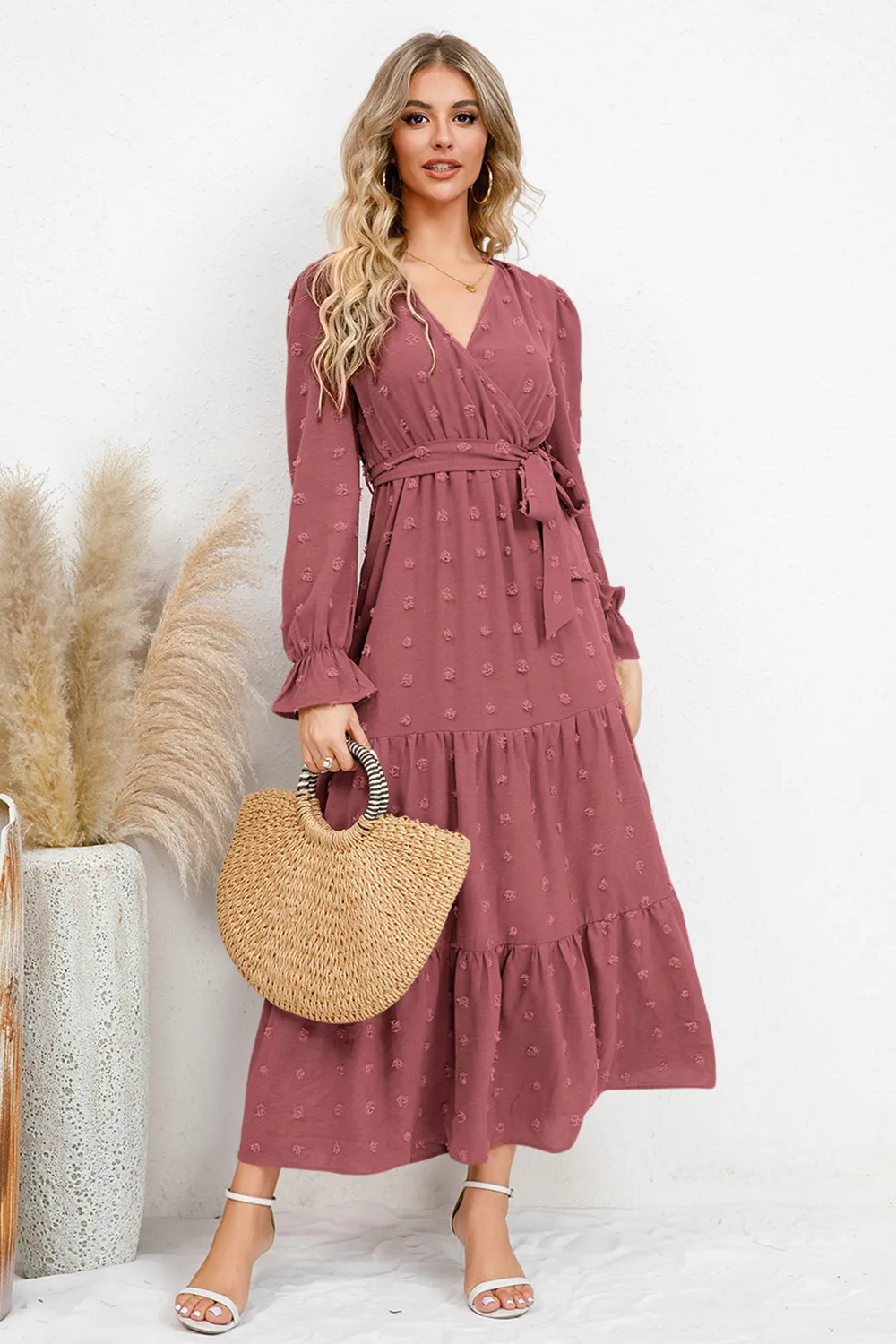 Swiss Dot Tied Surplice Flounce Sleeve Dress, image 16