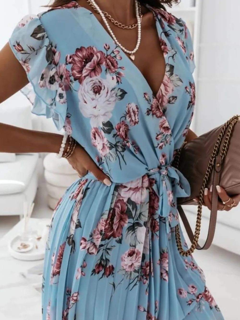 Floral Surplice Ruffled Cap Sleeve Dress, image 8