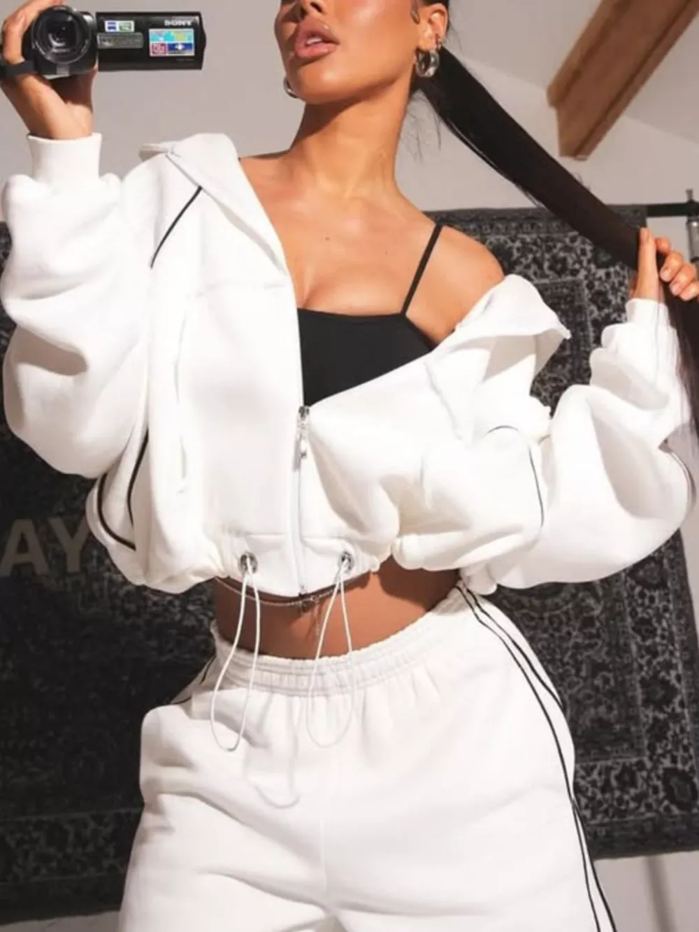 Cropped Zip-Up Hoodie and Wide-Leg Sweatpants Lounge Set, image 3